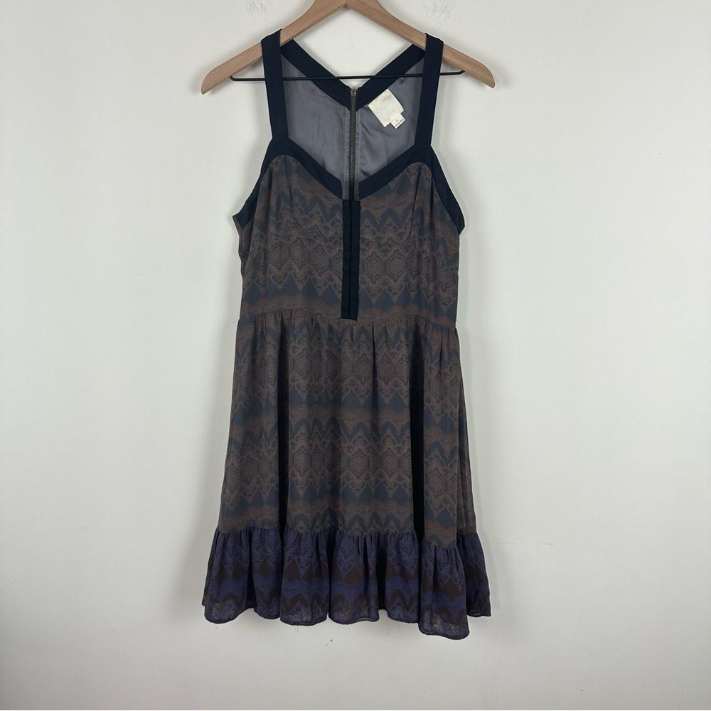 Line & Dot Blue, Grey, Brown Geometric Pattern 100% Silk Sleeveless Dress, L